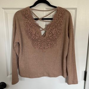 Beige long sleeve top with lace back detail